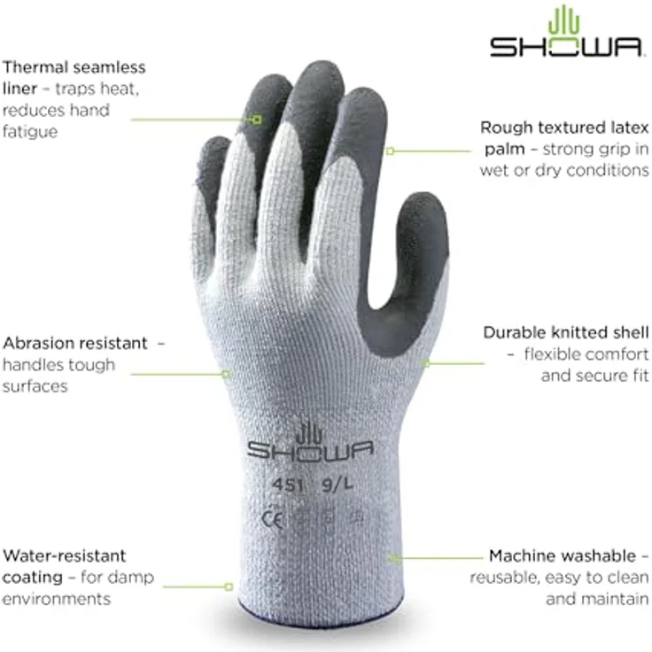 SHOWA 451M Acryl Baumwoll Polyester Trägergewebe Kälteschutzhandschuh mit Latexbeschichung auf den Handinnenflächen, M, Hellgrau – Bild 6