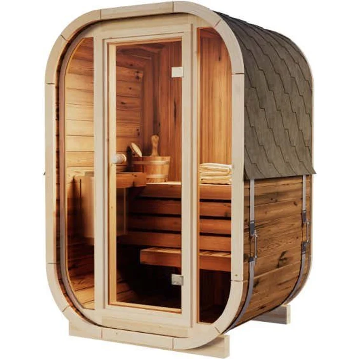 FinnTherm Fasssauna Sauna-Komplettset Ellipso S, Thermoholz, Platzsparendes Design, inkl. Saunaofen – Bild 1