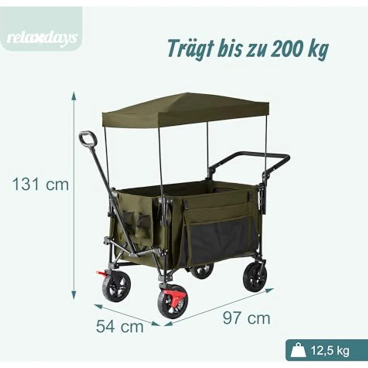 Relaxdays Bollerwagen, faltbar, 150 kg Traglast, mit Dach, Teleskop- und Schiebegriff, Gummireifen mit Bremse, grün – Bild 4