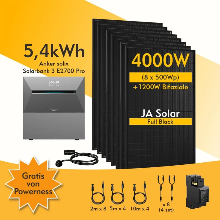 Powerness® Balkonkraftwerk mit Anker SOLIX Solarbank 3 E2700 Pro & BP2700 Erweiterungsakku, 8x JA Solar 500Wp Bifazial PV Paneele, 4000W Leistung, Smart Meter, Schwarz