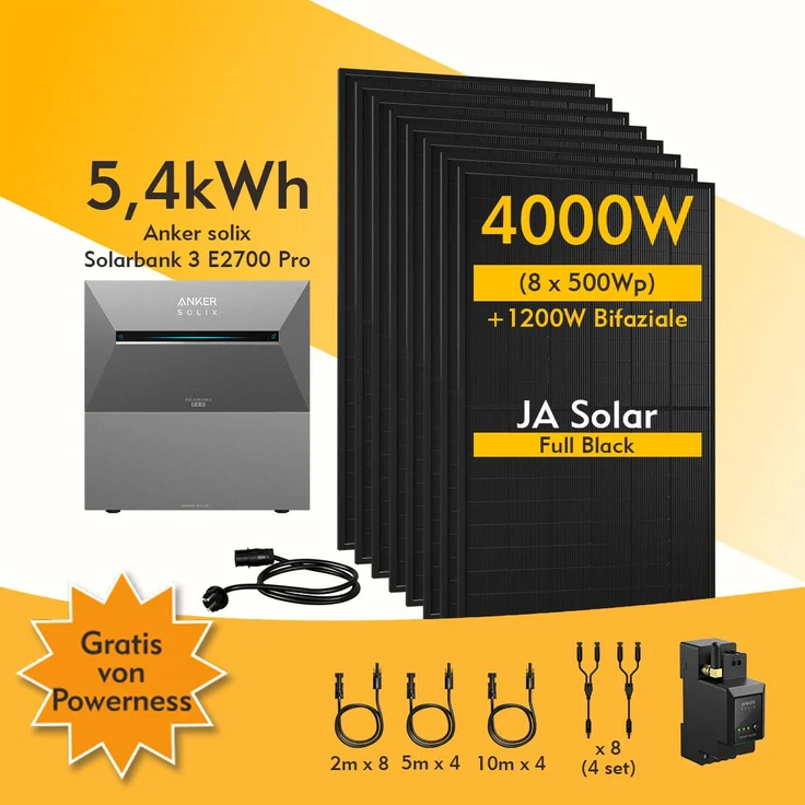 Powerness® Balkonkraftwerk mit Anker SOLIX Solarbank 3 E2700 Pro & BP2700 Erweiterungsakku, 8x JA Solar 500Wp Bifazial PV Paneele, 4000W Leistung, Smart Meter, Schwarz