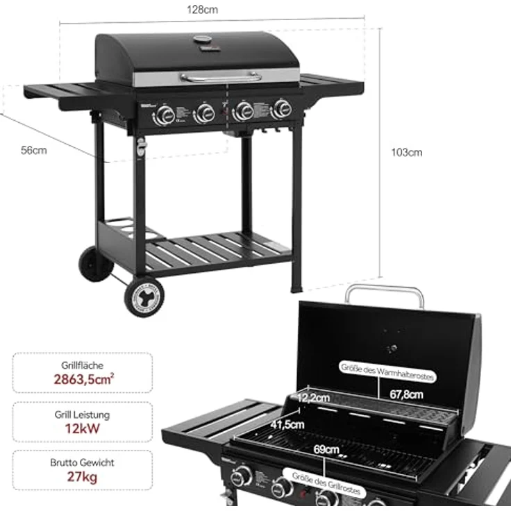 Royal Gourmet 4 Brenner Gas Grillwagen, 12 kW BBQ-Gasgrill mit Seitenablagen und Flascheregal, Schwarz – Bild 3