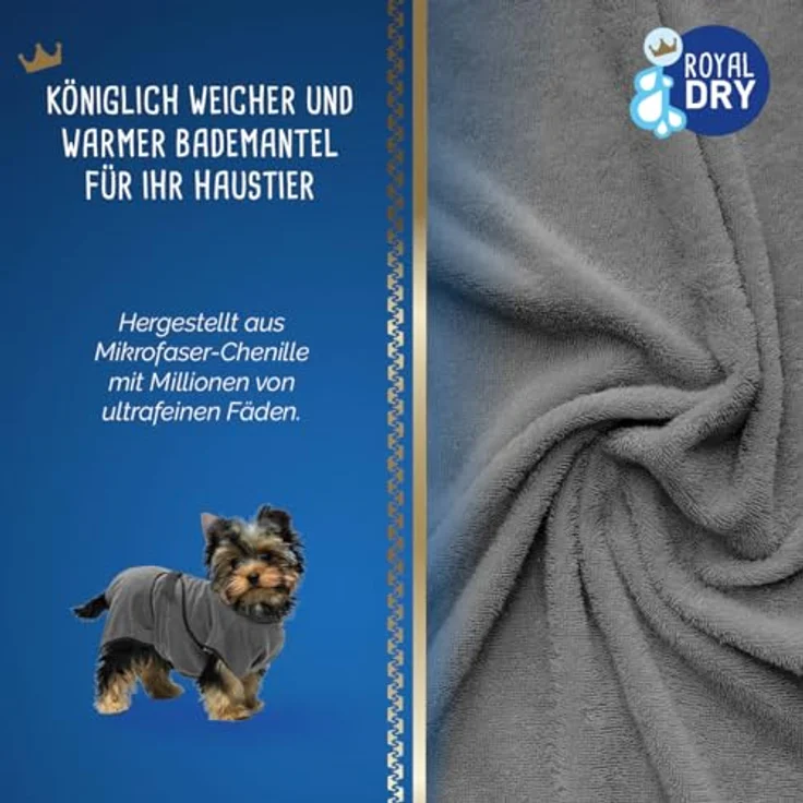 Royal Dry Bademantel Hund XS, Mikrofaser Hundehandtuch für kleine Hunde, rückenlänge 30-35 cm, schnell trocknend mit Klettverschluss, grau – Bild 3