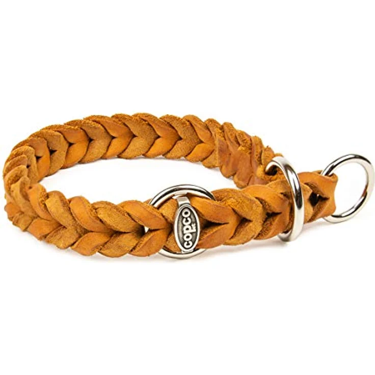 CopcoPet - Fettlederhalsband, Würger geflochten mit verchromten Zugstopp-Ring, Cognac 25-30 cm x 15 mm – Bild 1
