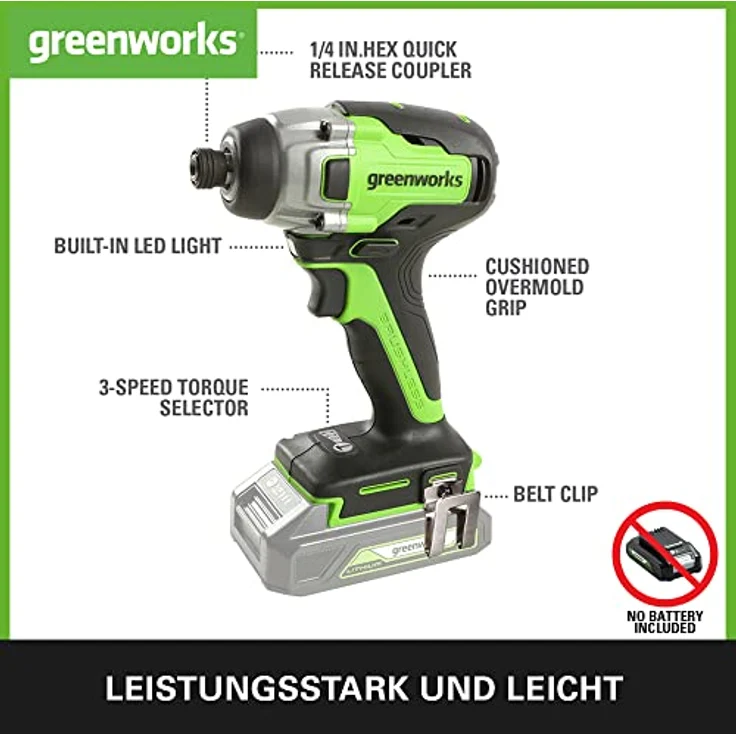 Greenworks Akku- u. Bohrschrauber GD24ID Li-Ion 24V 300 N.m Drehmoment 2800 Umdrehungen Min 6,35mm S – Bild 3
