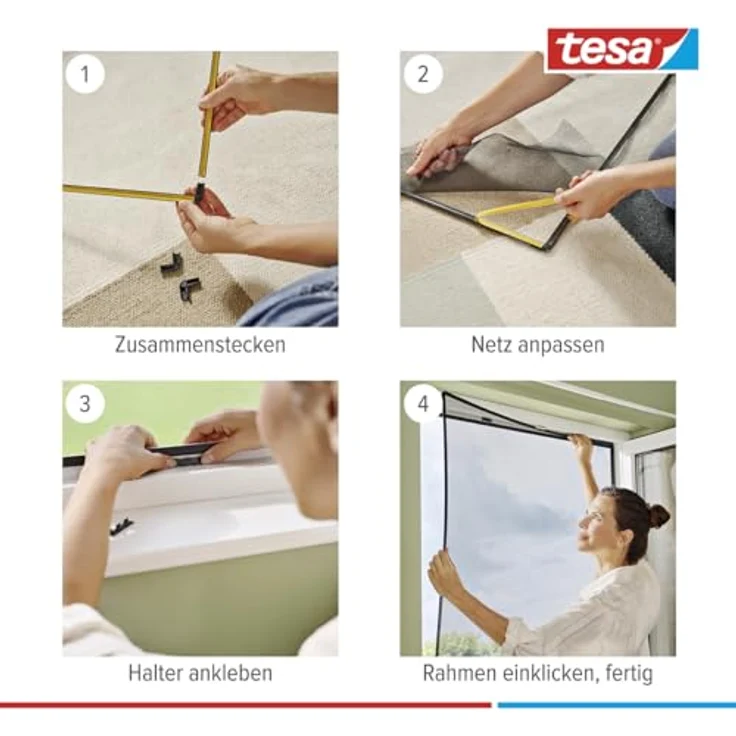 tesa Insect Stop Clip On - Fliegengitter zum Einklicken am Fenster - zuschneidbarer Rahmen, Netz aus langlebigem Fiberglas, Selbstklebende Halte-Klips - 1 x 1,2 m - Anthrazit – Bild 3