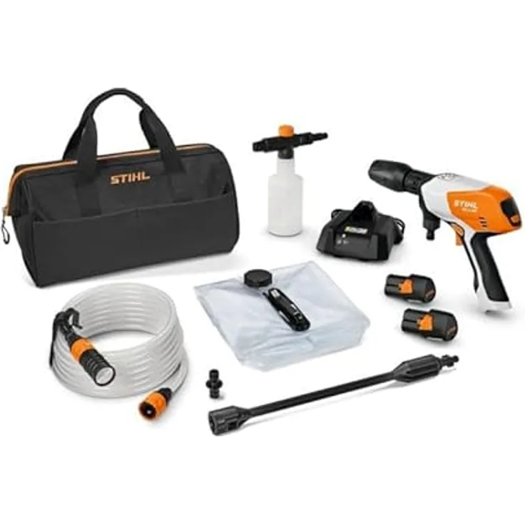STIHL Akku-Druckreiniger RCA 20, mit 2X Akku AS 2 und Ladegerät AL 1, 4-in-1-Düse und Strahlrohrverlängerung, ideal für Terrassen & Einfahrten