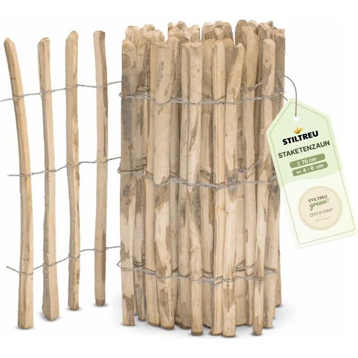 STILTREU Englischer Staketenzaun Kastanie, 5 Meter lang, 75 cm hoch, witterungsbeständig mit 4-6 cm Lattenabstand