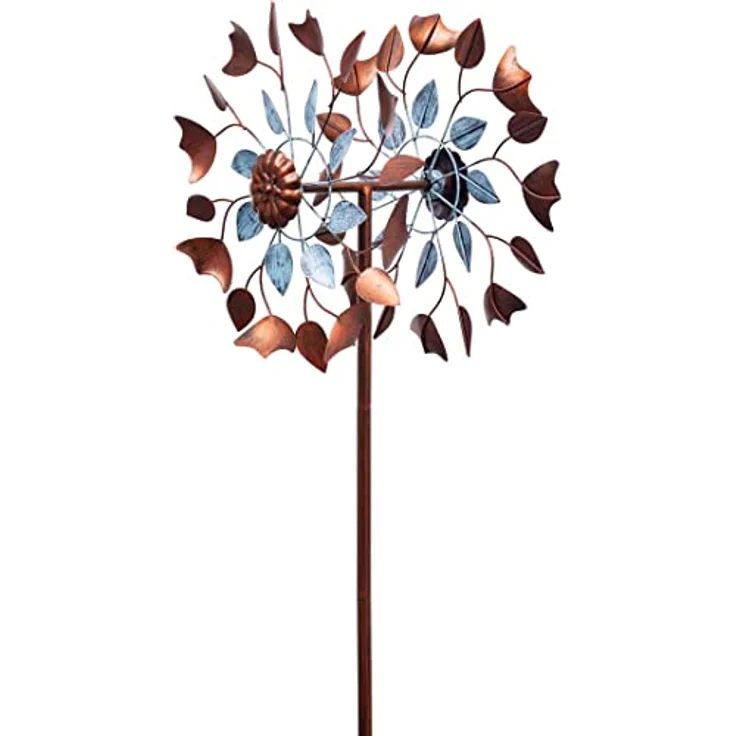 Kinetic Art Copper Leaf Duett, Metall Windspiel mit Bodenanker, 3D-Optik, zwei Rotoren, wahlweise mit LED in Glaskugel, hochwertige Garten-Deko – Bild 1