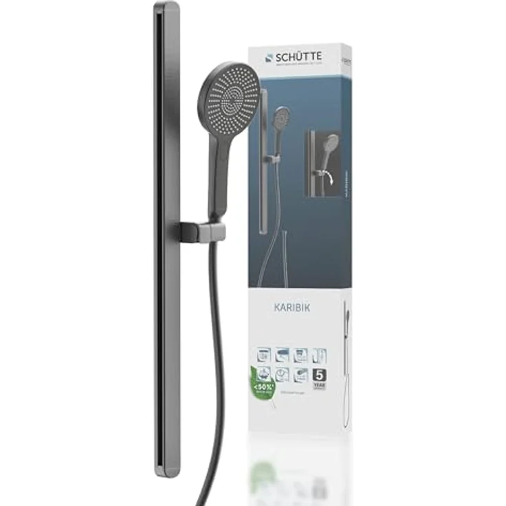 Schütte Stangenbrause-Set KARIBIK, Höhe 78,5 cm, 3 Strahlarten, höhenverstellbar, mit Antikalk-Beschichtung, wassersparend, schwarz matt – Bild 1