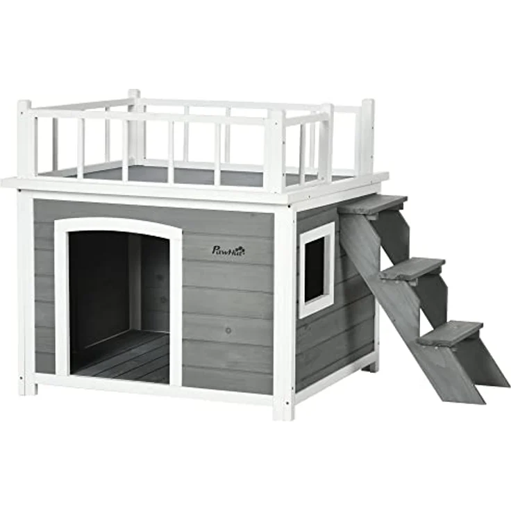 PawHut Hundehütte Hundehaus mit Balkon, Erhöhtes Kleintierhaus mit Treppe, Fenster, Hundehöhle für Mittele, Große Hunde, Tannenholz, Hellgrau, 121 x 77 x 78 cm – Bild 1