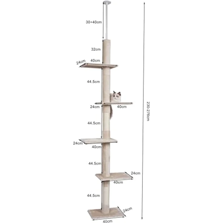 Fudajo Kratzbaum deckenhoch 230–276 cm in Beige, Katzenkratzbaum mit 4 Ebenen, höhenverstellbarer Deckenspanner, mit Sisal - Preisvergleich – Bild 5