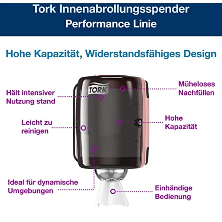 Tork 659008 Innenabrollungsspender für M2 Papierwischtücher, hygienische Einzeltuchentnahme, rot-schwarz, modernes Design – Bild 2