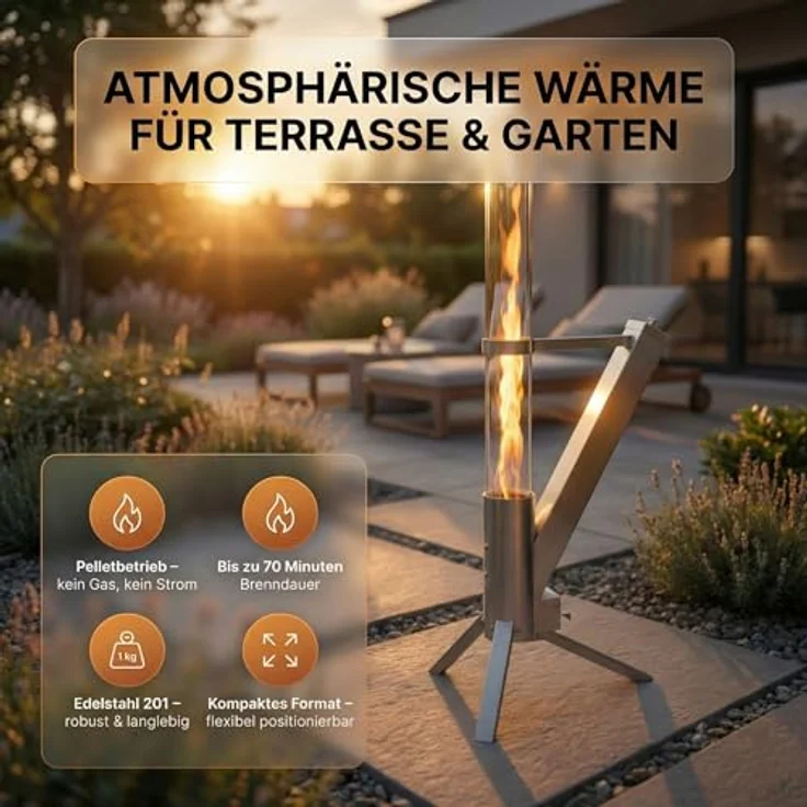 Albatros International Gartenkamin Pelletfackel Edelstahl mit Glasrohr, Rocket Stove System, effiziente Verbrennung bis 70 Minuten, inkl. Standfuß – Bild 3