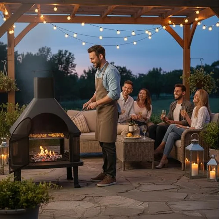 Relaxdays, schwarz Terrassenofen mit Grill, Feuerstelle mit Funkenschutz, Schürhaken, massiv, Stahl, 110 x 63 x 51 cm – Bild 3
