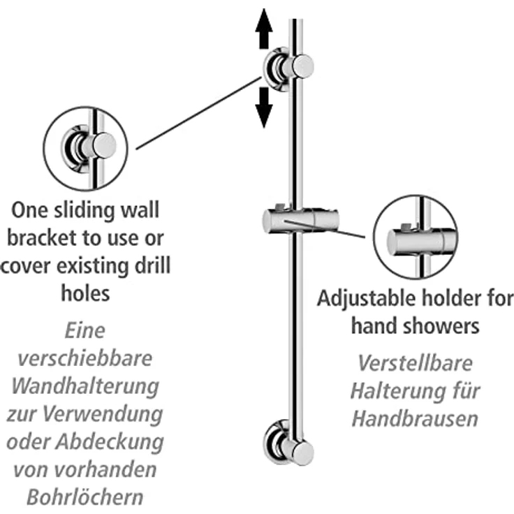 WENKO Duschstange ohne Bohren, Brausestange zur Befestigung mit Spezial-Klebepad, aus rostfreiem Edelstahl mit Halterung für Handbrausen, verschiebbarer Wandhalter, (B/T x H): Ø 2,2 x 70 cm, Chrom – Bild 2