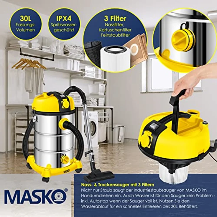 MASKO® Industriestaubsauger Staubsauger Nass Trocken Sauger Edelstahl 2300W + Steckdose | Blasfunktion | Push&Clean | Industrie-mit & ohne Beutel | beutellos Gelb – Bild 5
