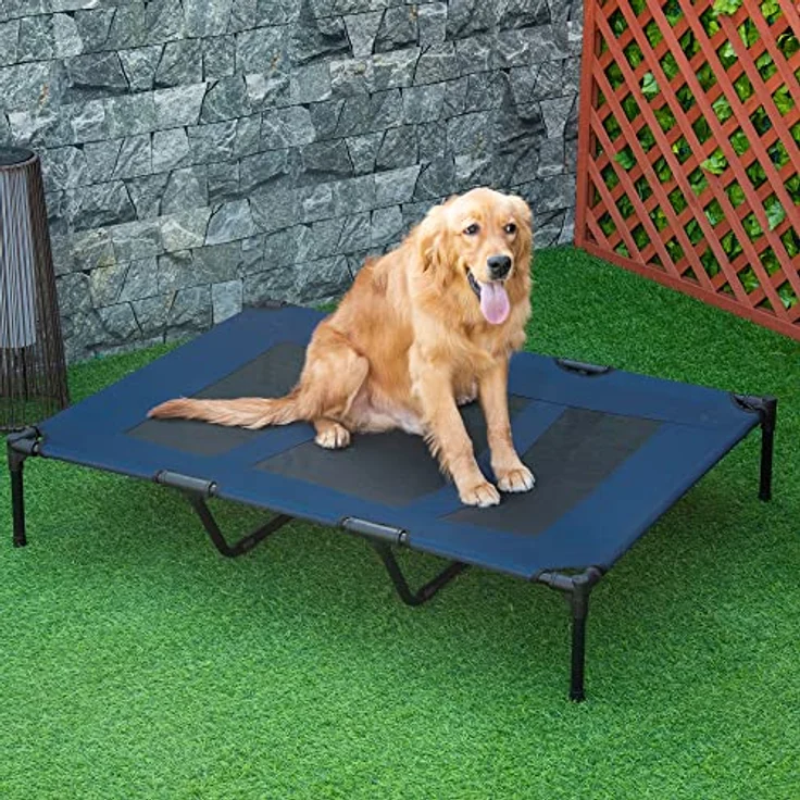 PawHut Hundebett Outdoor Hundeliege Outdoor Katzenbett Haustierbett Schlafplatz Metall Oxford-Gewebe Dunkelblau 122 x 92 x 23 cm – Bild 2