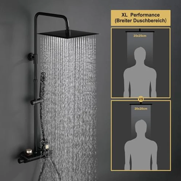Görbach Regendusche Duschsystem mit Thermostat, 25x25 cm Kopfbrause, Schwarz, antikalk-Düsen, höhenverstellbare Duschstange – Bild 2