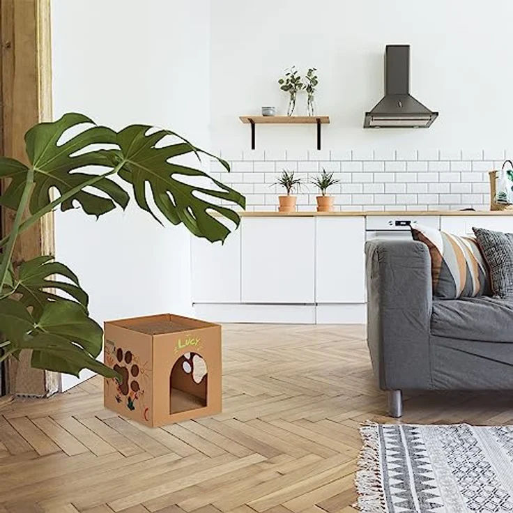 relaxdays Katzenzelt Katzenhaus Pappe mit Kratzbrett, braun, modernes Design mit Pfotenfenstern und individuell gestaltbar – Bild 2