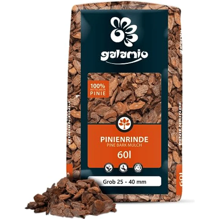 GALAMIO Pinienrinde Grob 25-40mm, 60l Sack Rindenmulch für Garten und Terrarium, dekorativer Bodenbelag mit effektiven Unkrautschutz, umweltfreundlich und langlebig – Bild 2