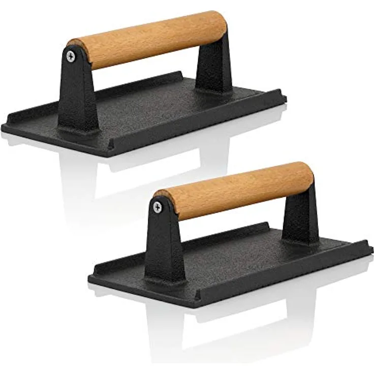 BBQ-Toro 2er Set Gusseisen Fleischbeschwerer 1 kg | 21 x 11 cm | Burger Grillgewicht mit Holzgriff, Burgerpresse