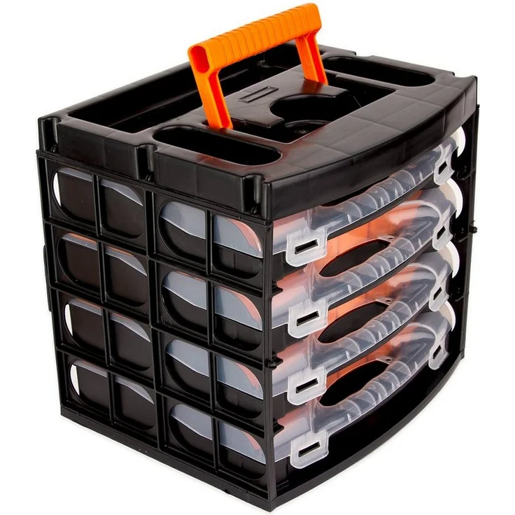 BigDean Werkzeugkoffer Sortierkasten mit 4 herausnehmbaren Schubladen Sortimentskasten - Flexibles Ordnungssystem, Kunststoff, schwarz, orange, transparent – Bild 1