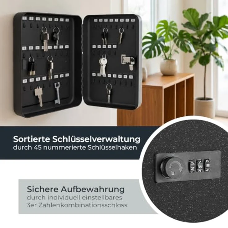 HMF Schlüsselkasten, Schlüsselschrank mit 3er Zahlencode, 6 nummerierte Hakenleisten, 30 x 24 x 7,5 cm, Schwarz – Bild 4
