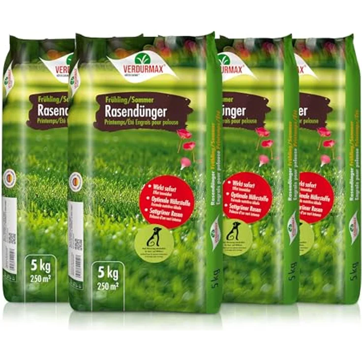 Höfer Chemie Verdurmax 4 x 5 kg Langzeit Rasendünger, NPK 14-3-8 mit Magnesium & Schwefel, für 1000m², hundeverträglich, staubarmes Granulat für Streuwagen – Bild 1