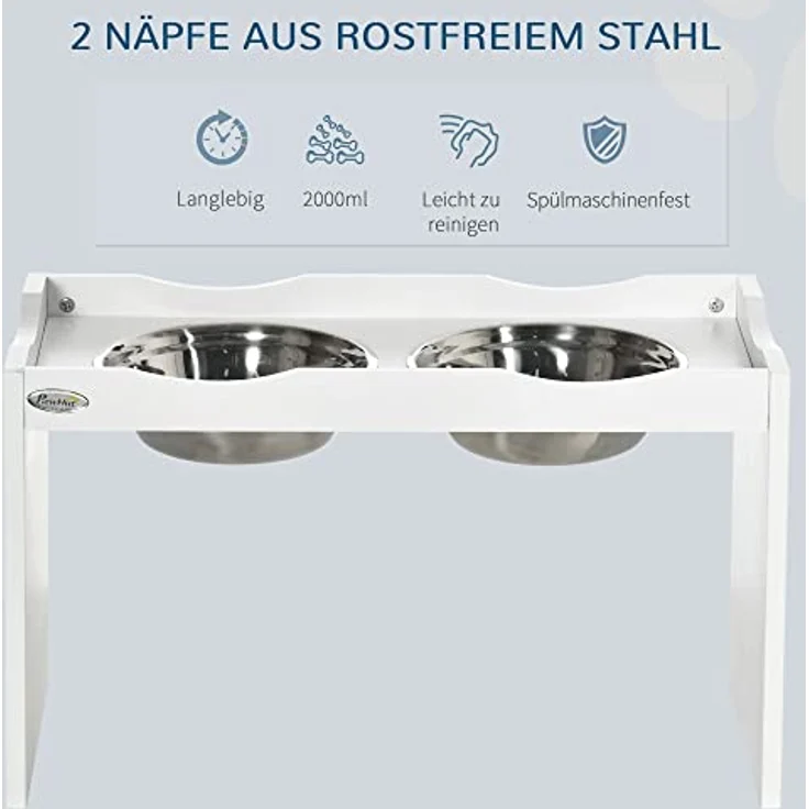PawHut Erhöhter Hundenapf, Futternapf mit erhöhtem Rand, 2 x 2L abnehmbare Hundenapf aus Edelstahl, Fressnapf für sehr grpße Hunde, Futterstation, Weiß – Bild 5