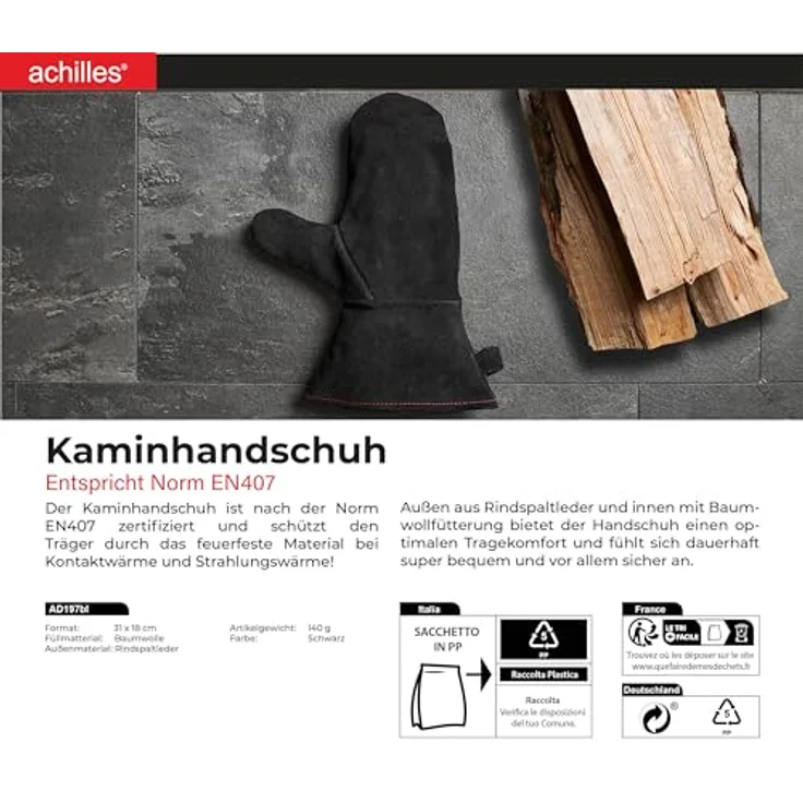 achilles Grillhandschuhe Grillhandschuh Kaminhandschuh mit Isolierung Ofenhanschuh aus Leder, hitzeresistent, Universalgröße, Baumwollfutter – Bild 10