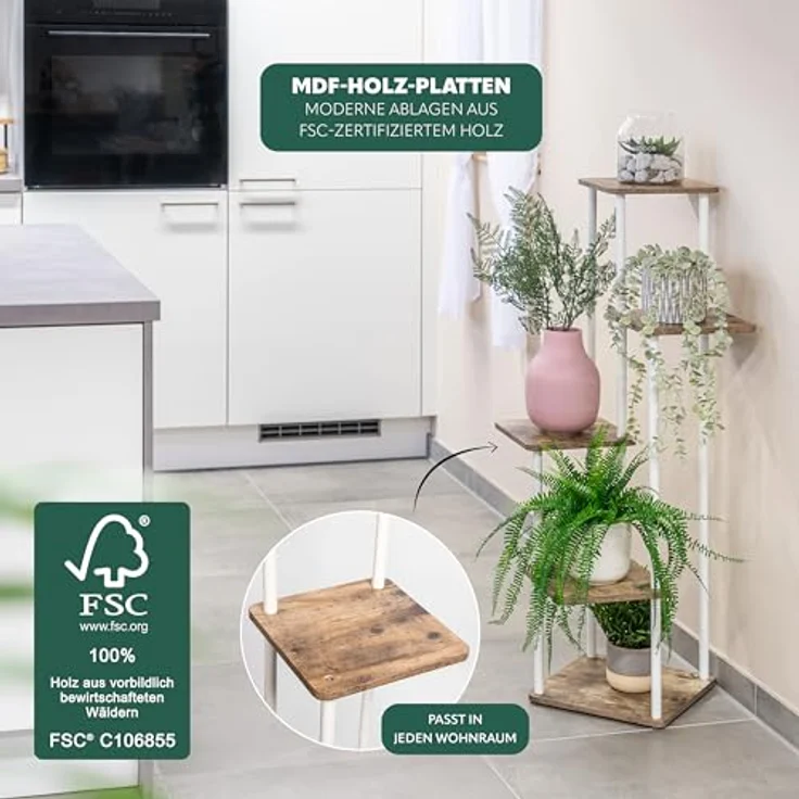 eluno Blumenständer, dekoratives Blumenregal aus FSC-zertifiziertem MDF-Holz und weißem Metall mit 5 Ablagen, max. 5 kg pro Platte, höhenverstellbar – Bild 3