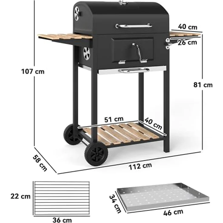 Outsunny Holzkohlegrill fahrbar mit Deckel Thermometer Grillrost Räder verstellbar Kohlewanne, BBQ Smoker für Camping Garten 112x58x107cm – Bild 5