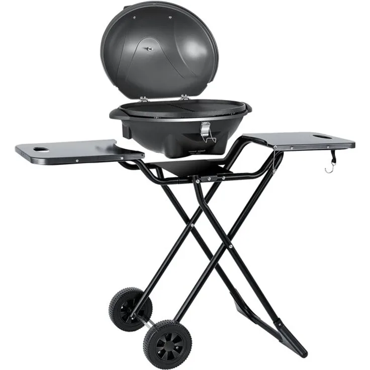 KESSER elektrischer Elektrogrill 2in1 Tischgrill - Standgrill mit Deckel und Standfuß max. 2400 Watt Faltbar Thermometer Antihaftbeschichtung Grillplatte Abstelltische 2 Räder Schwarz Schwarz