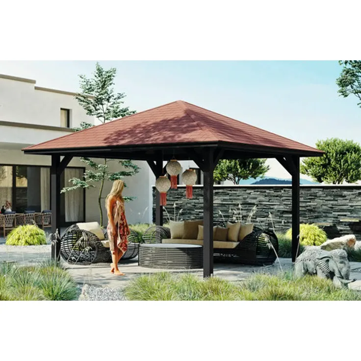 GartenHaus SKAN HOLZ Cannes 2 Pavillon, 439 x 439 cm, Leimholz anthrazit, massives BSH-Fichte-Konstrukt mit 20 mm Dachschalung