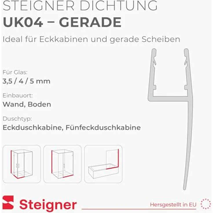 STEIGNER Duschtürdichtung 80 cm UK04 - Gerade Dichtung für Eckeinstieg oder Fünfeckdusche, 3,5-5 mm Glasdicke, Transparent, Wasserdicht, Einfache Montage – Bild 2