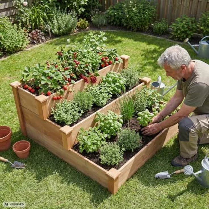needs&wants® Hochbeet Steppy1, großes Stufenbeet aus braun lasiertem Tannenholz, 3 Etagen, Pflanzbeet XL für Garten und Terrasse, 400 l Volumen – Bild 6