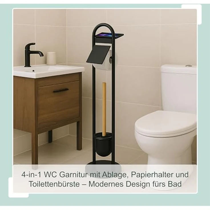 Relaxdays WC-Garnitur, Rollenhalter mit Ablage & Bürstenhalter, freistehend aus Eisen und Bambus, schwarz/Natur, HxBxT: 79 x 21,5 x 21,5 cm – Bild 3