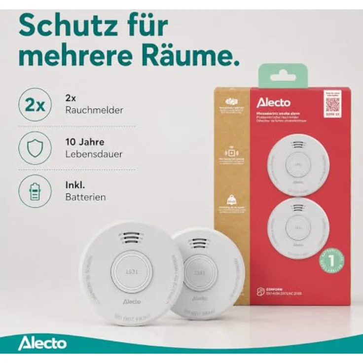 Alecto SD110, Rauchwarnmelder 2er Set mit fotoelektrischem Sensor, 10 Jahre Lebensdauer, 85 dB Alarm – Bild 7