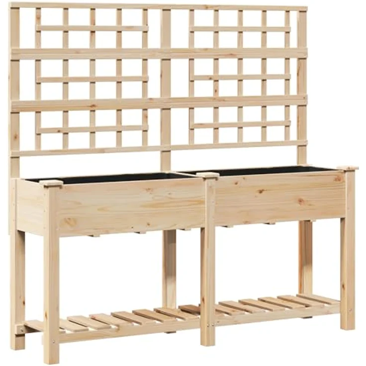 vidaXL Hochbeet Pflanzkasten aus massivem Kiefernholz mit Spalier und Regal, natürliche Holzfarbe, 161x43x15 cm – Bild 1