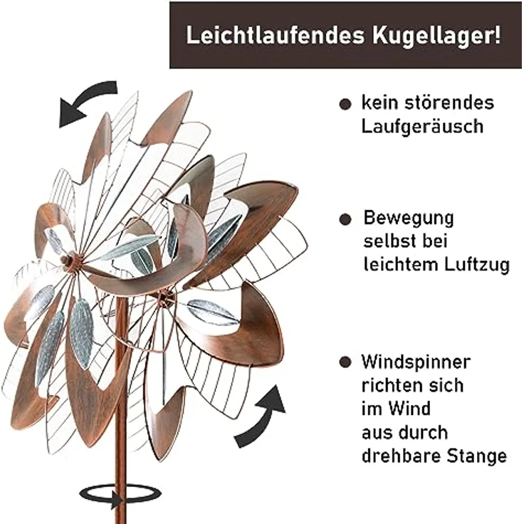 LEMODO Windrad Dandelion mit gegenläufigen Rotoren | Gartendeko in 2 Höhen aufbaubar | Gartenstecker mit 213 cm Höhe | Windmühle in Kupferoptik | Windskulptur mit Charme – Bild 2