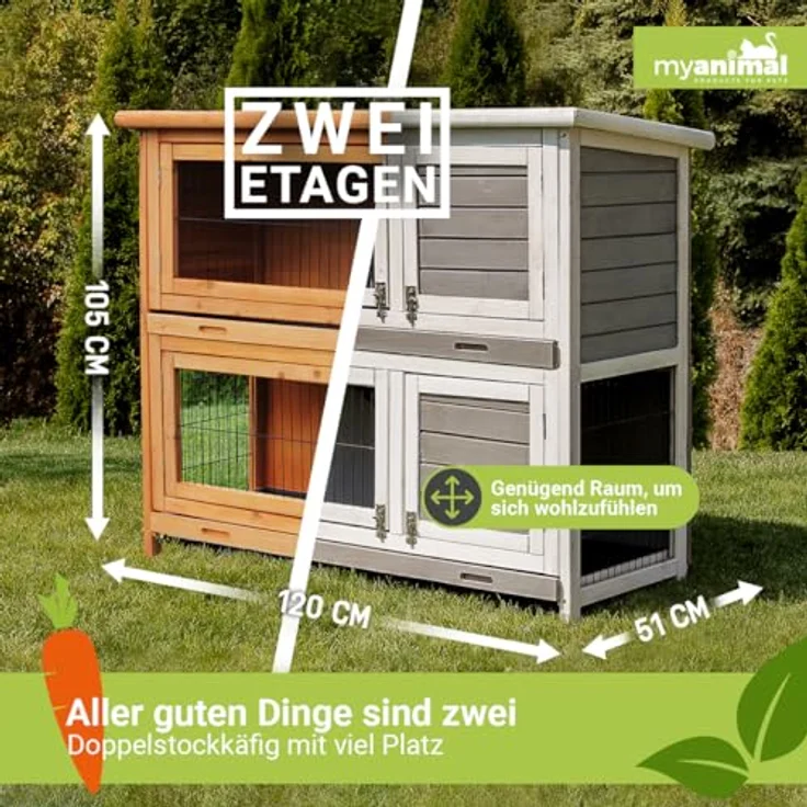 Miweba MyAnimal Hasenstall MH-20 | 120x51x105 cm - Kaninchenstall mit Freilaufgehege - Doppelstockhaus 2 Ebenen - Hasenkäfig - imprägniert - Kaninchenkäfig Winterfest - Indoor und Outdoor (Braun) – Bild 3