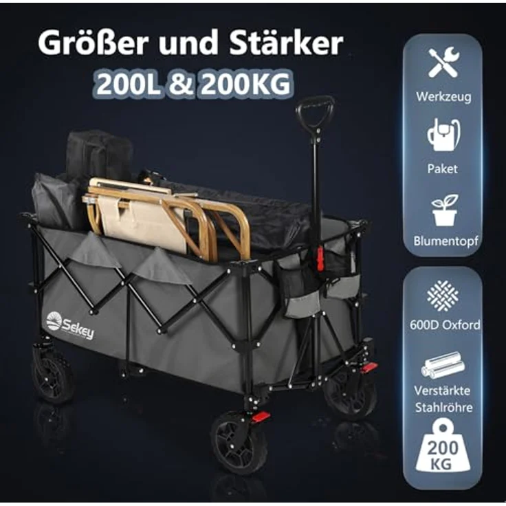 Sekey XXL Plus Bollerwagen Geländetauglich, faltbar, 200L, 200KG Tragkraft, patentiertes Klappsystem, anthrazit – Bild 4