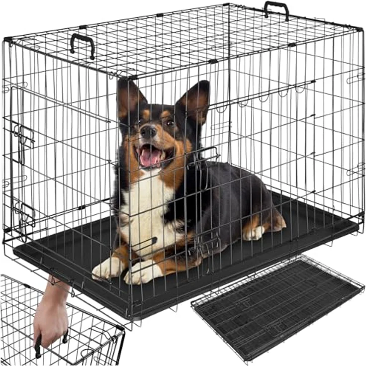 tectake® Hundekäfig, Hundegitter Box, Dog Kennel, Hundebox faltbar, Transportbox stabil, für Hunde und Welpen, für Kofferraum, Auto, Camping und Zuhause, Wohnung - 91,5 x 59,5 x 64 cm, Grau – Bild 1