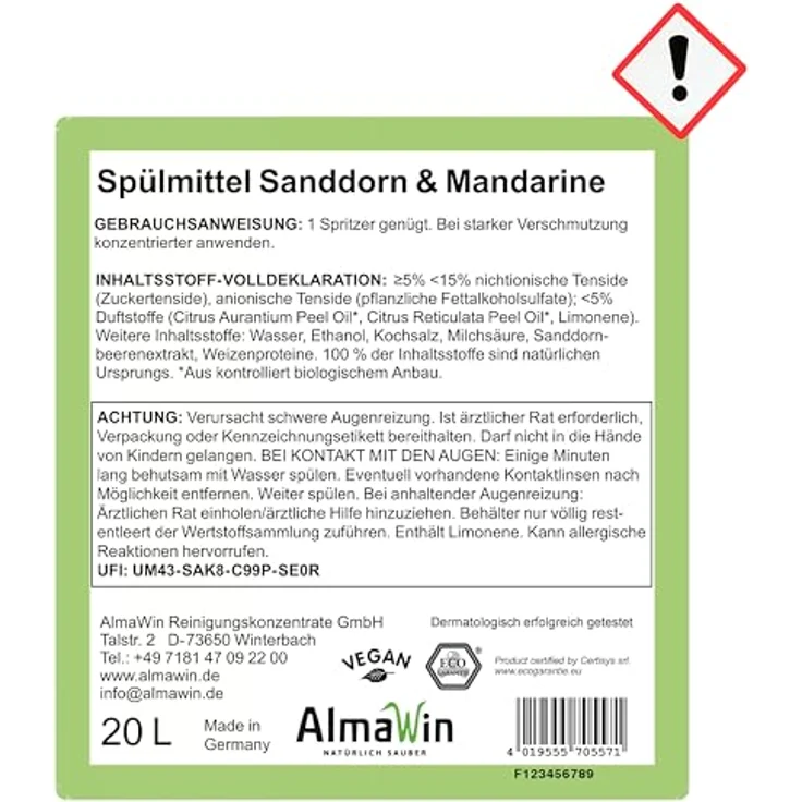 Almawin Geschirrspülmittel Sanddorn Mandarine, 20L, öko-zertifiziert, hautmild mit Sanddorn-Extrakt und Weizenproteinen – Bild 9