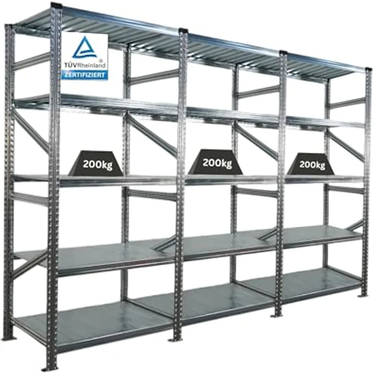 Proregal PROXIMO Metallregal Fachbodenregal, 200 kg Traglast pro Boden, 5 Böden, 3-teiliges Steckregalsystem (1x Grundregal + 2x Anbauregal), verzinkter Stahl, Maße: 200 x 270 x 70 cm – Bild 1