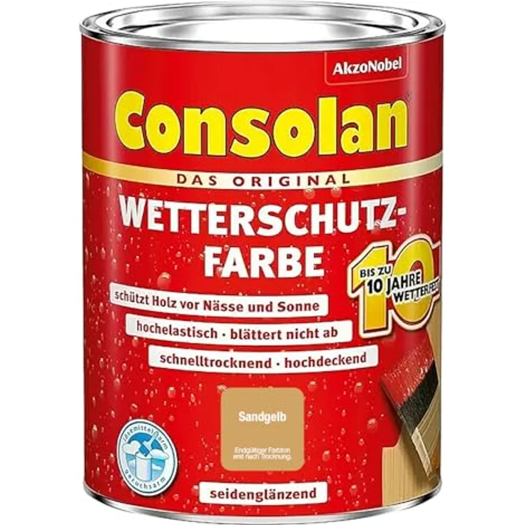 Consolan Holzschutzlasur Wetterschutz-Farbe, 0,75 L, sandgelb, wetterfest bis 10 Jahre, hochdeckend, seidenglänzend – Bild 1