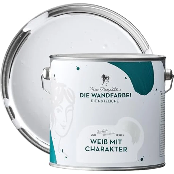 MissPompadour Wandfarbe Weiß mit Charakter, abwaschbare Wandfarbe mit hoher Deckkraft, 2,5 L, scheuerbeständig und wasserbasiert – Bild 1