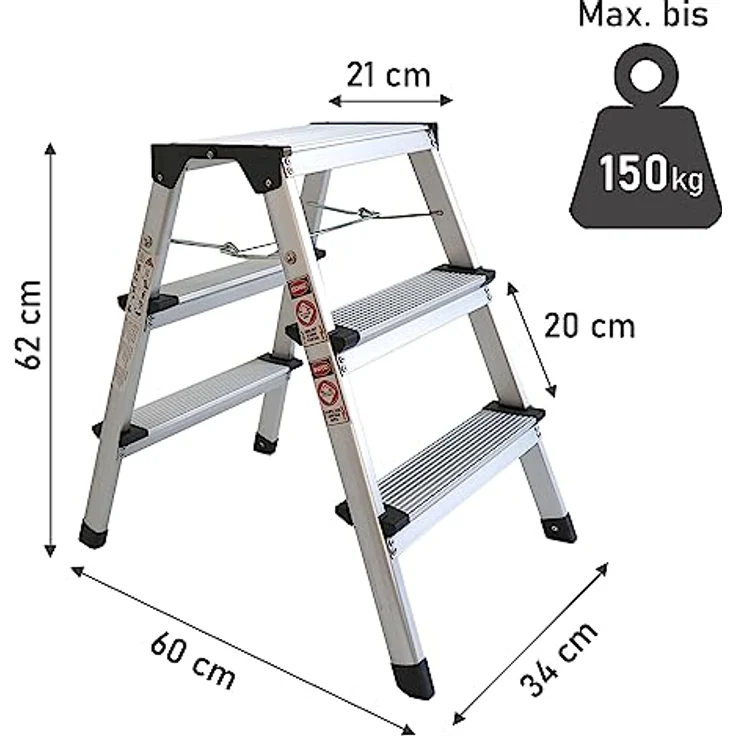 Alu Trittleiter zusammenklappbar | 3 Stufen | 61 cm Höhe | Leichter Klapptritt, Tritthocker | klein und kompakt | mit rutschfesten Füßen | belastbar bis 150 kg | Haushaltsleiter – Bild 3
