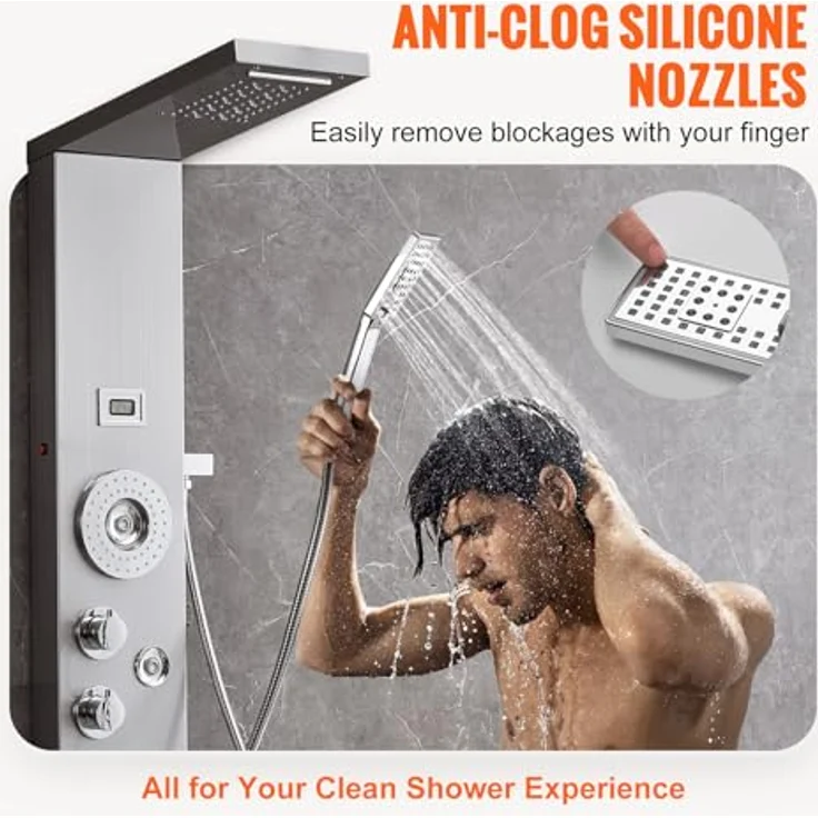 VEVOR Duschpaneelsystem 6-in-1, LED-Display, Regenfall, Wasserfall, 4 Körpermassagedüsen, Wandmontiertes Duschset mit 59-Zoll-Schlauch – Bild 4